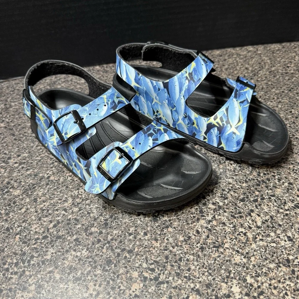 Birki's Birkenstock Sandals 34 Blue Fish Print EVA Double Strap Haiti Kids 3-3.5